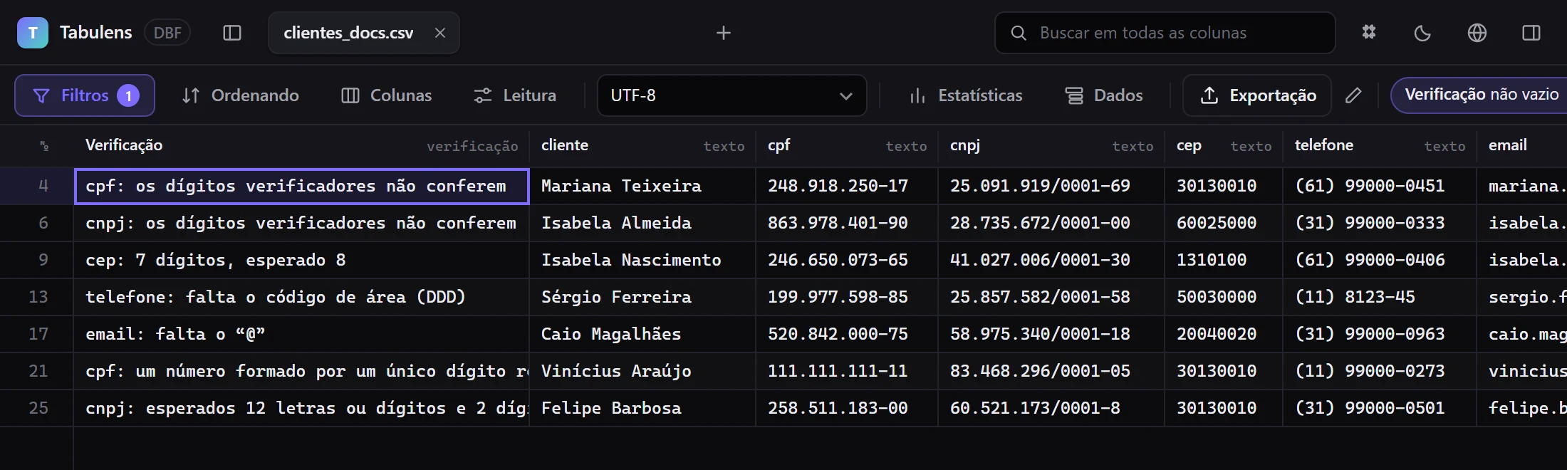 A coluna “Verificação” e só as linhas com erros: o que está errado vem escrito em cada linha