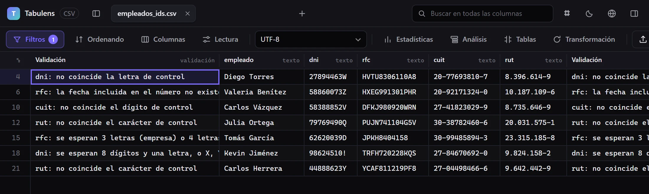 Identificadores de varios países en un archivo: DNI, RFC, CUIT y RUT, con el motivo de cada error