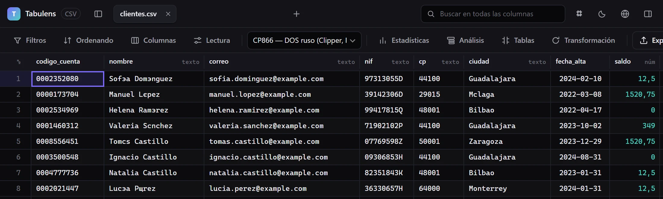 Un CSV de clientes: codificación y delimitador detectados; el código postal y el NIF conservan los ceros iniciales