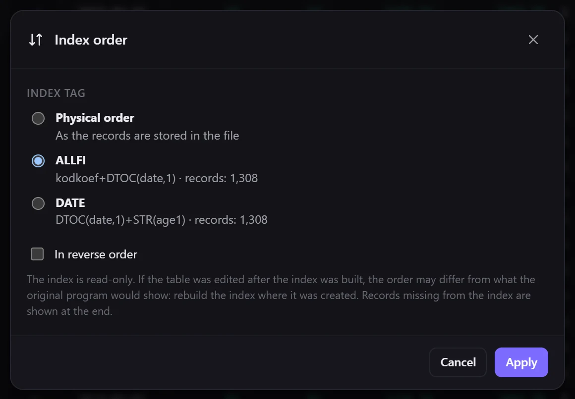 The index tags: name, key expression and record count; reverse order is available