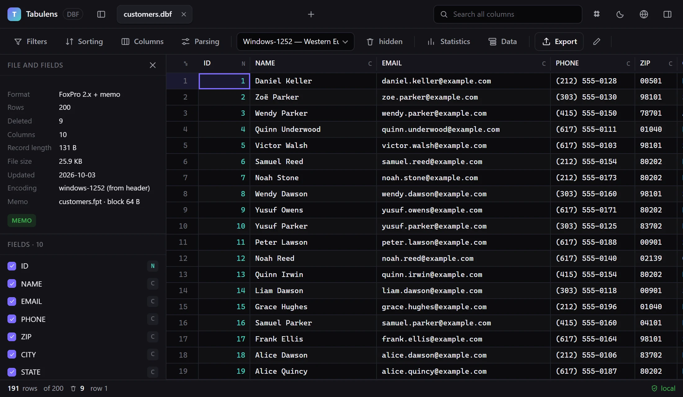 A customer DBF (FoxPro with memo) in the browser: format, code page and fields on the left, records on the right