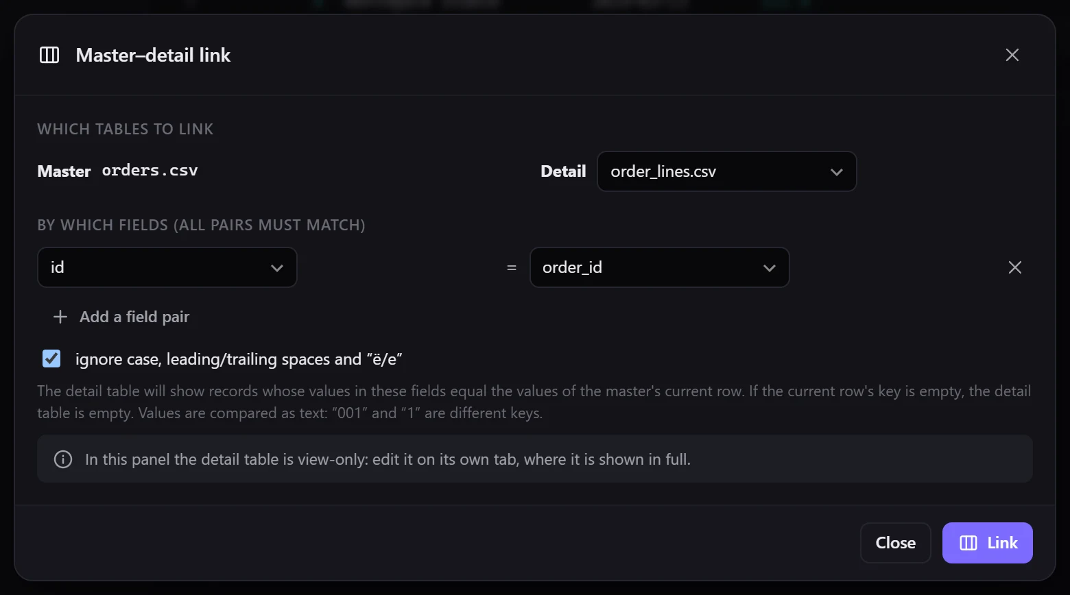 The master is the orders table, the detail is its lines; the key was suggested automatically: ID = ORDER_ID