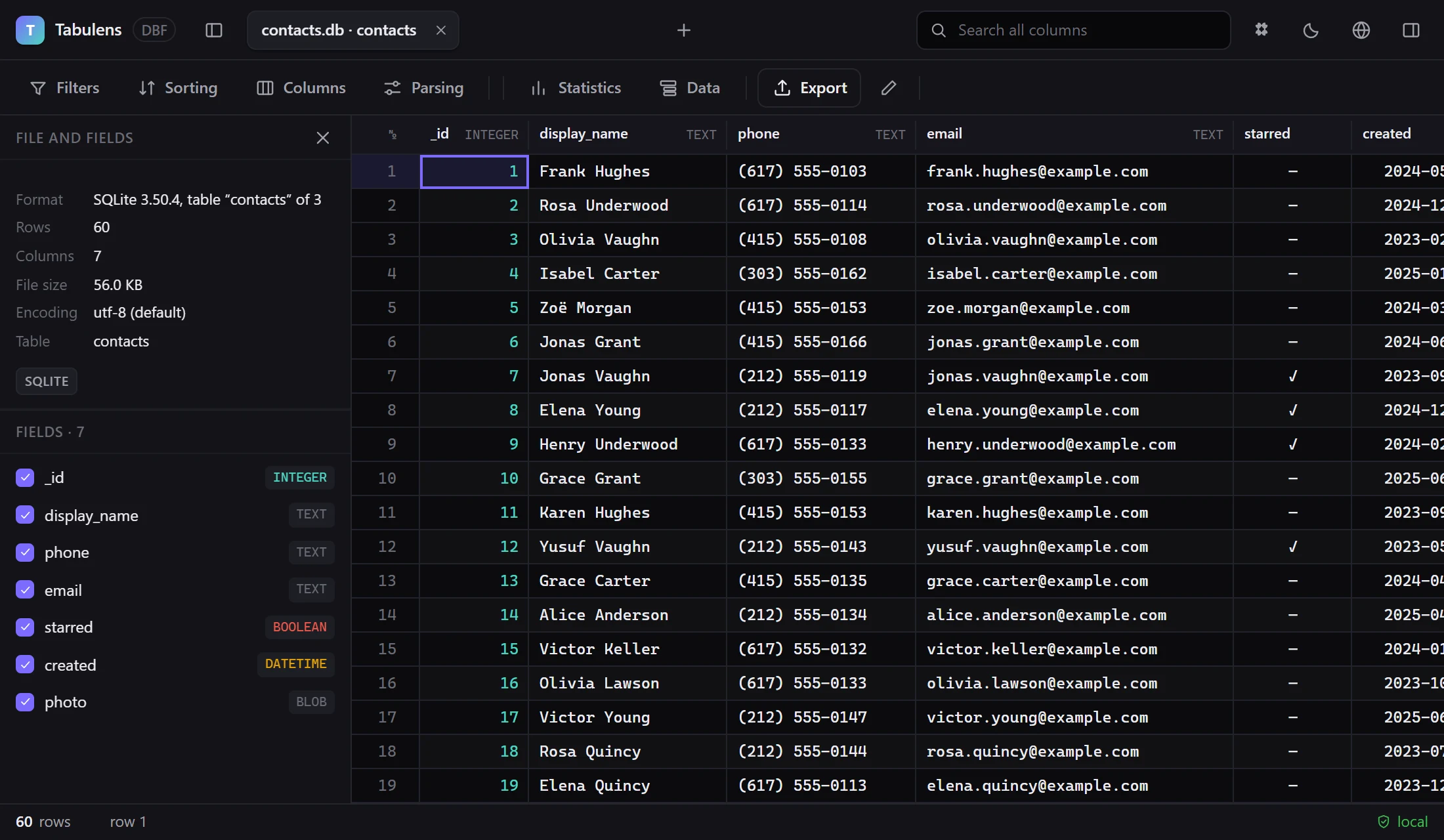 A phone-app SQLite database opened as tables: pick a table, filter, export