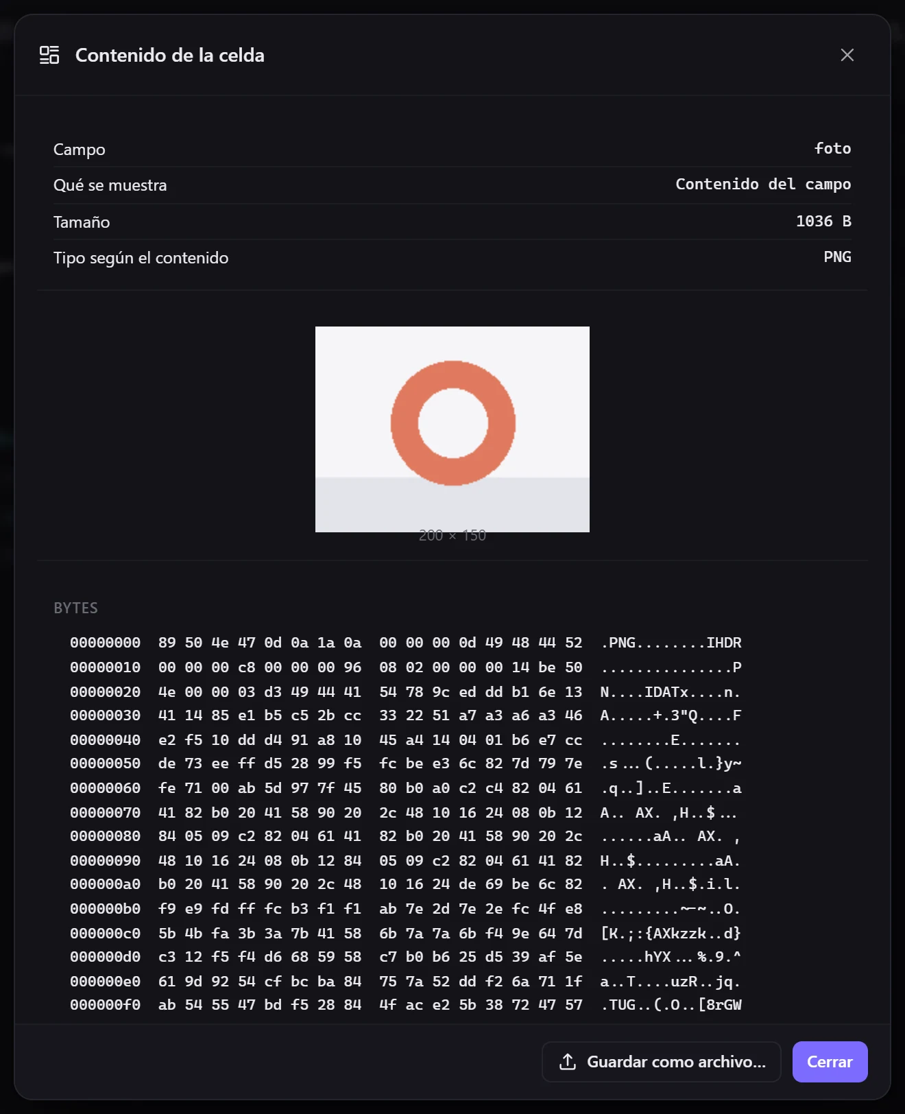 Una foto de un campo BLOB de SQLite: el tipo se detecta por el contenido y los bytes están debajo
