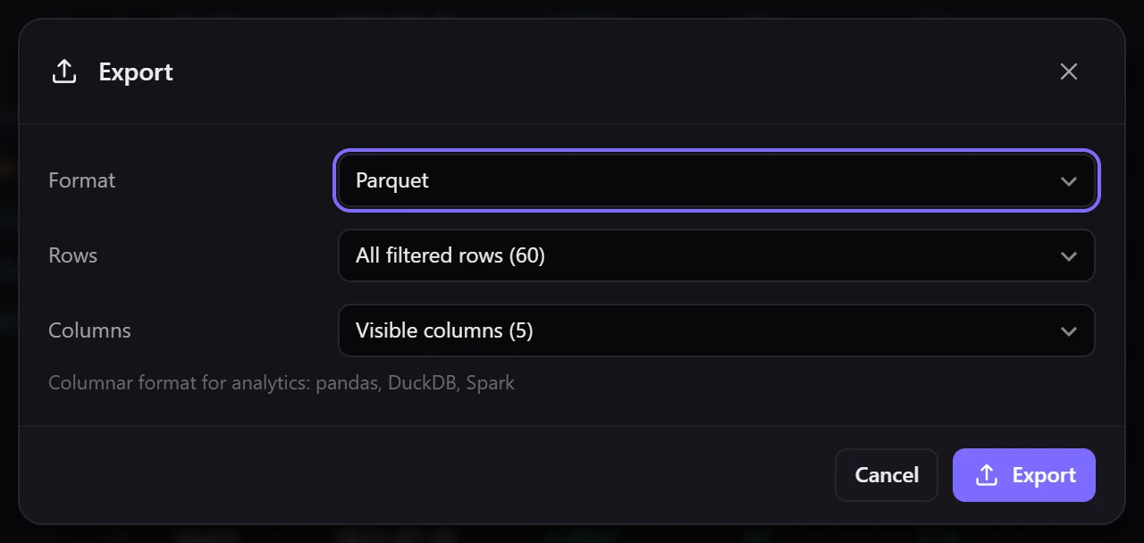 Exporting to Parquet: the format is chosen in the export dialog, the rest works like other formats
