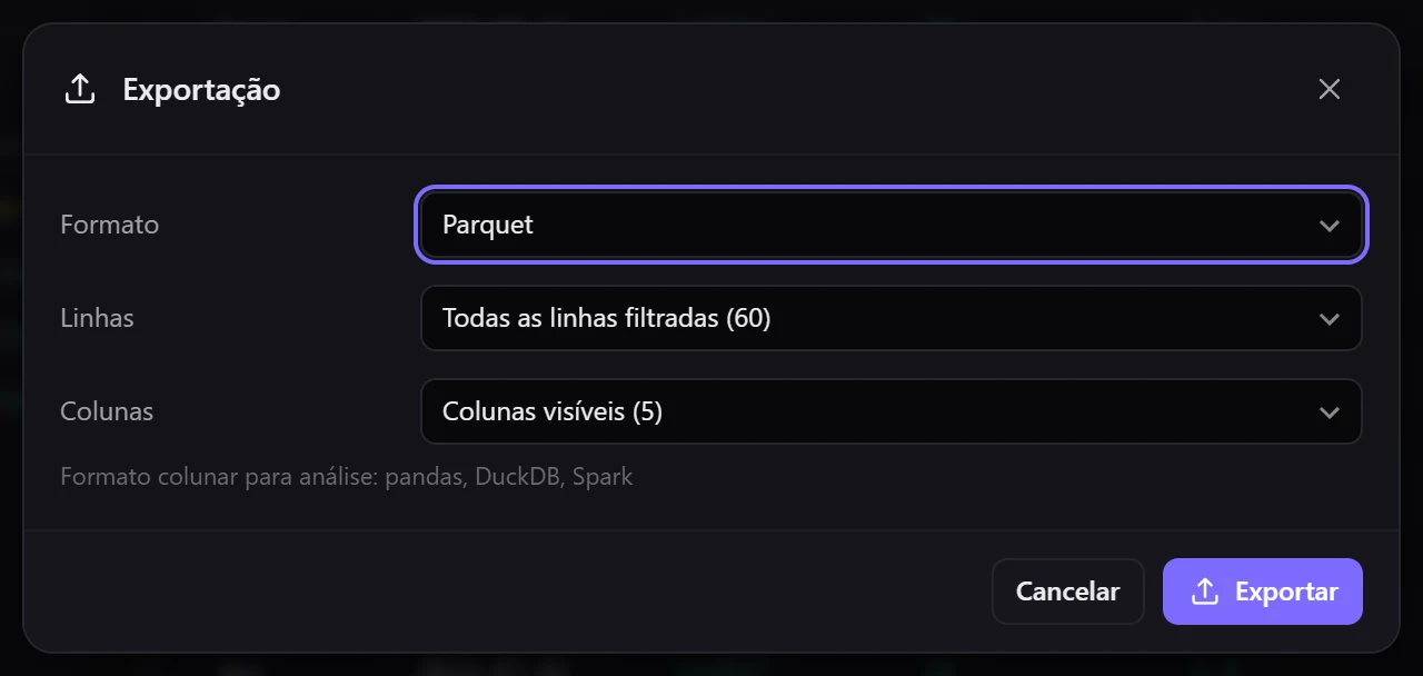 Exportando para Parquet: o formato é escolhido na janela de exportação, o resto funciona como nos outros formatos