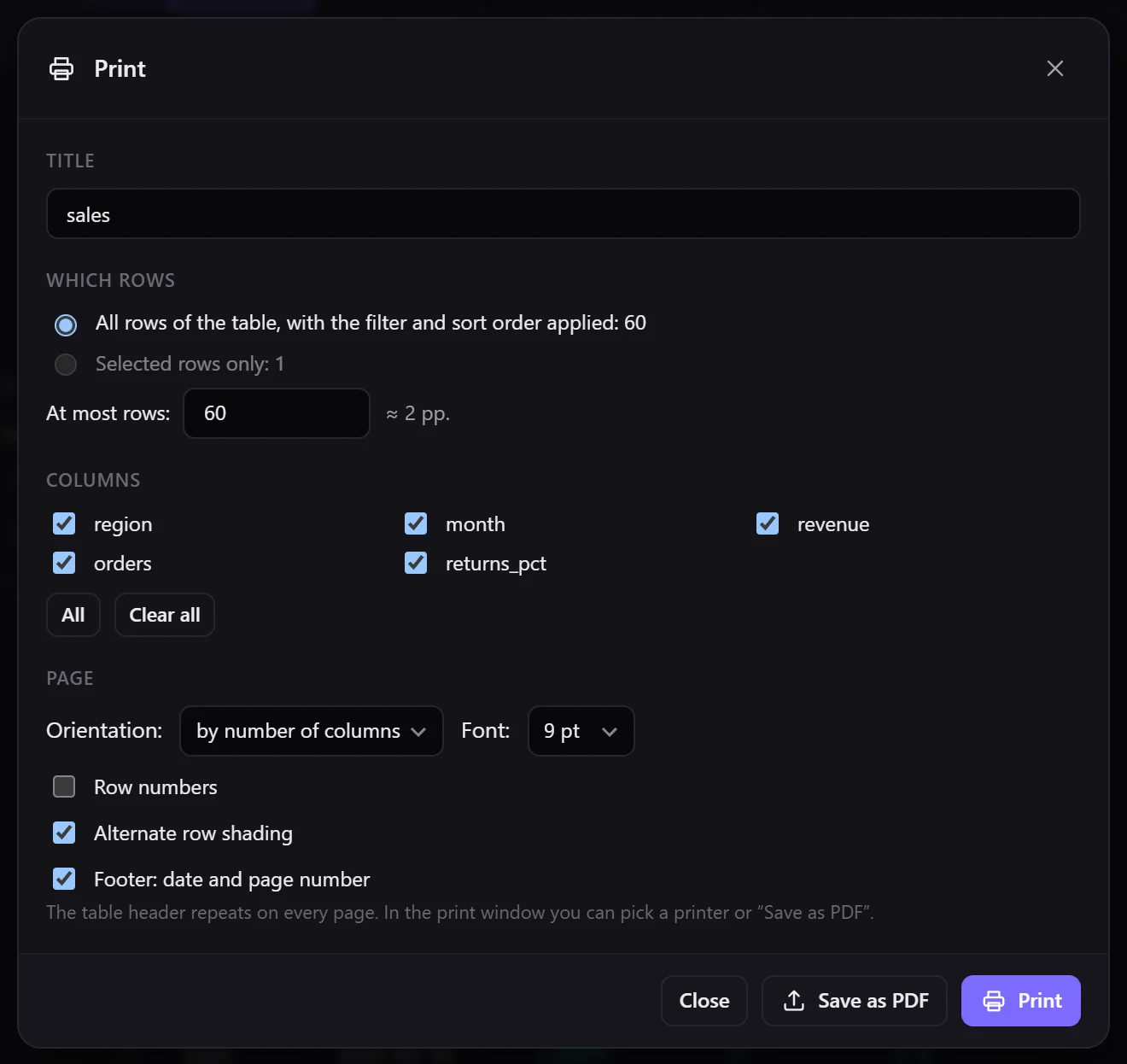 The print dialog: title, rows, columns and page; next to “Print” is “Save as PDF”
