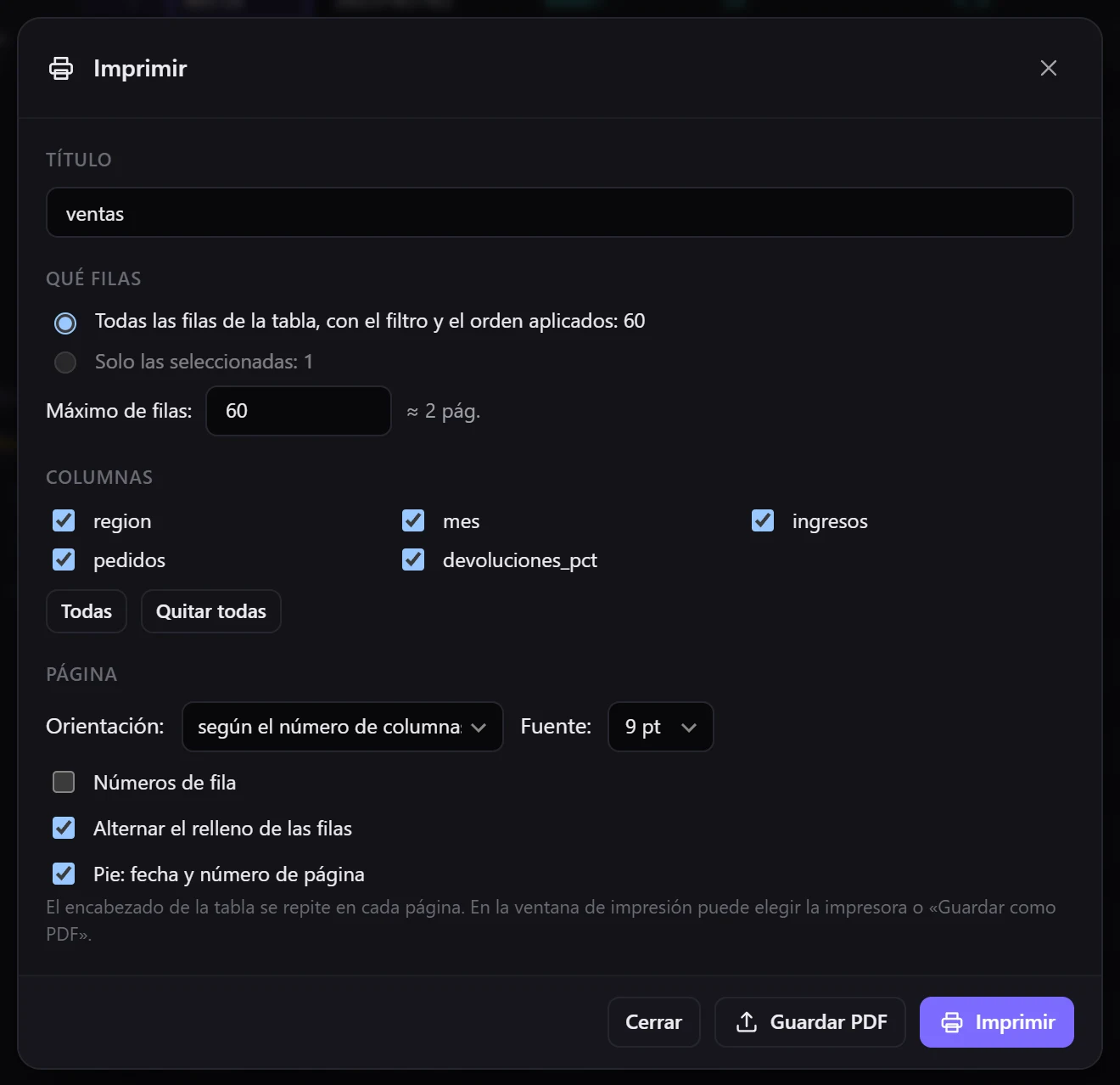 El cuadro de impresión: título, filas, columnas y página; junto a «Imprimir» está «Guardar como PDF»