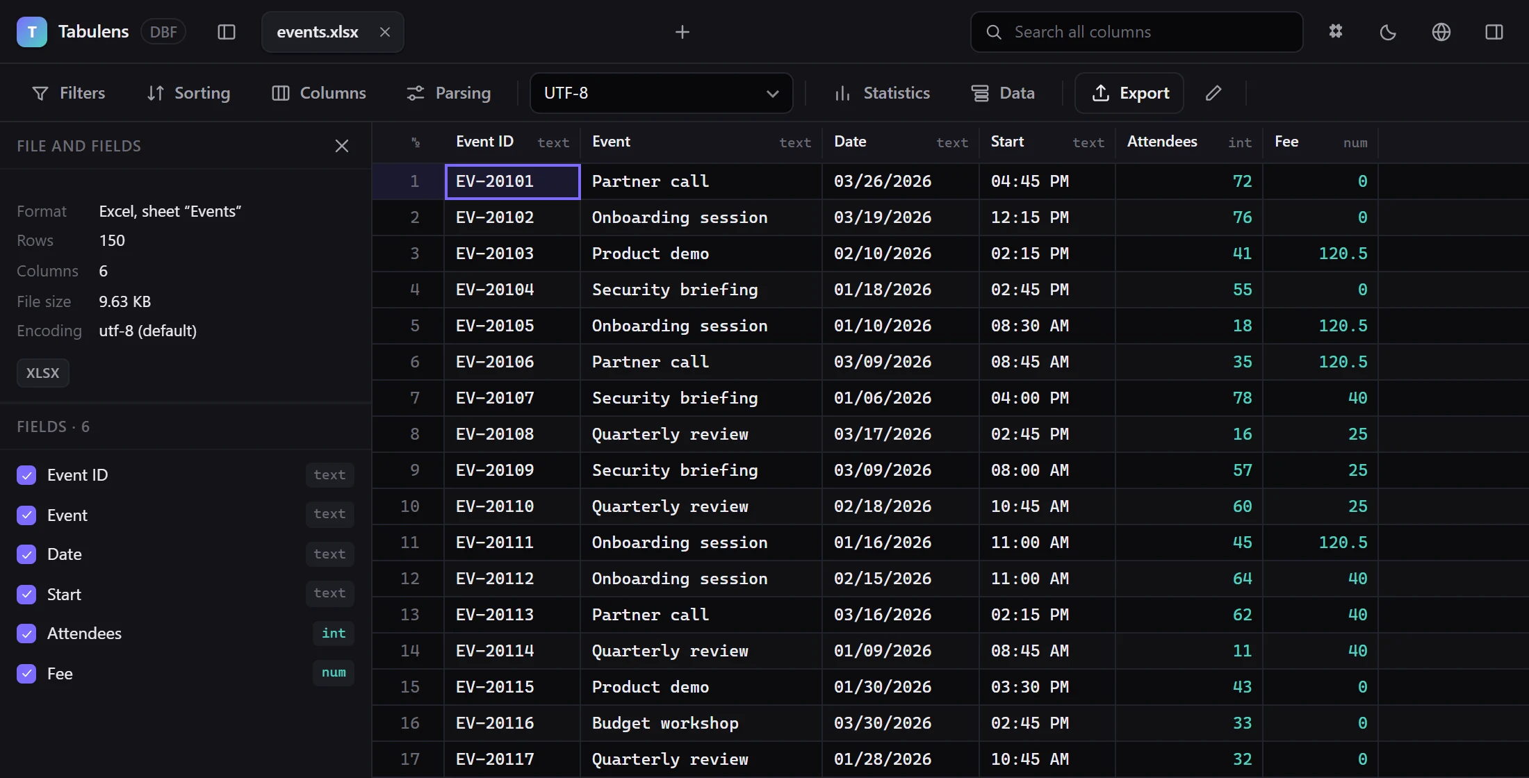 Dates and times stored as text: the Date and Start columns are typed “text”, so the app shows what the cells really contain