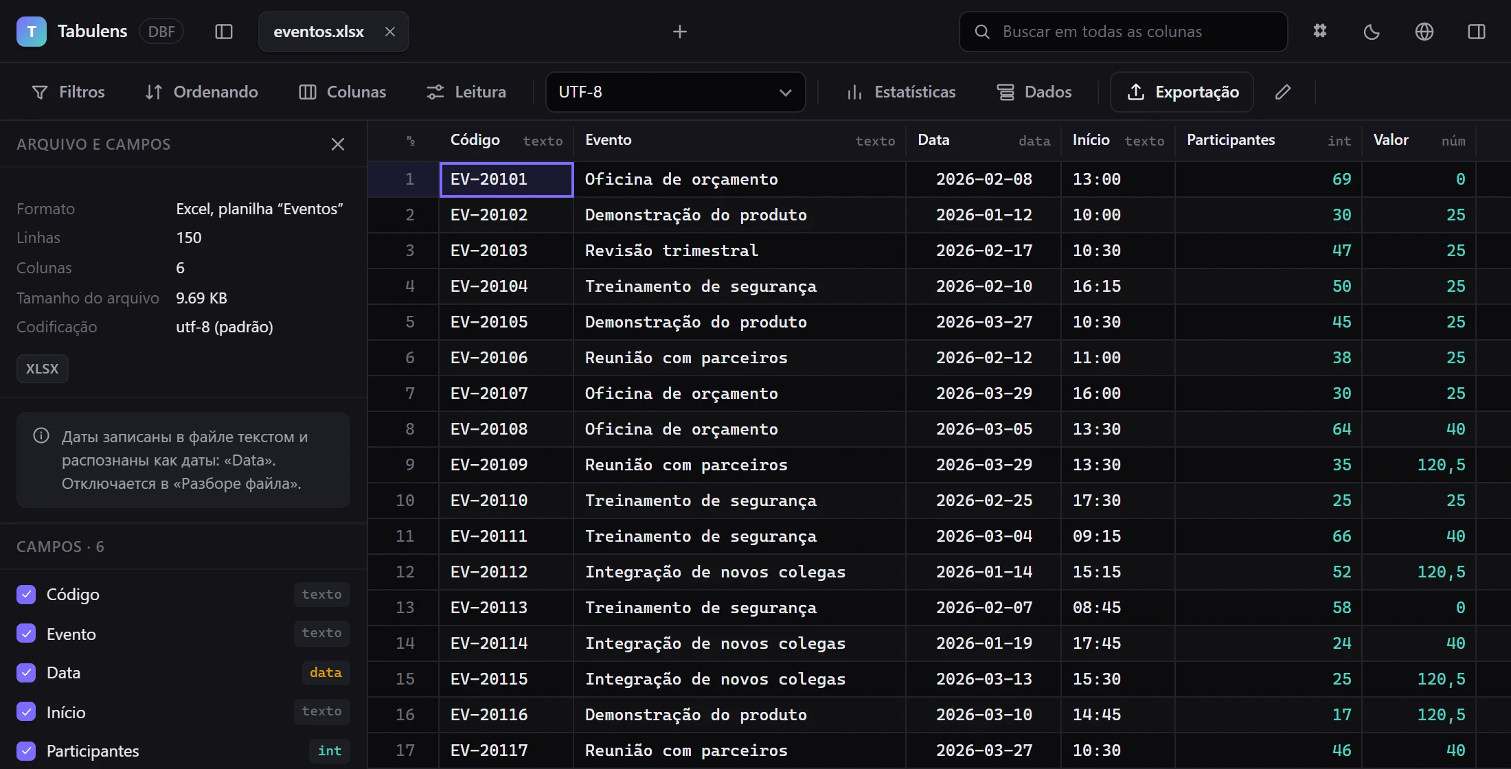 Datas e horas guardadas como texto: as colunas Data e Início são do tipo “texto”, então o aplicativo mostra o que as células realmente contêm