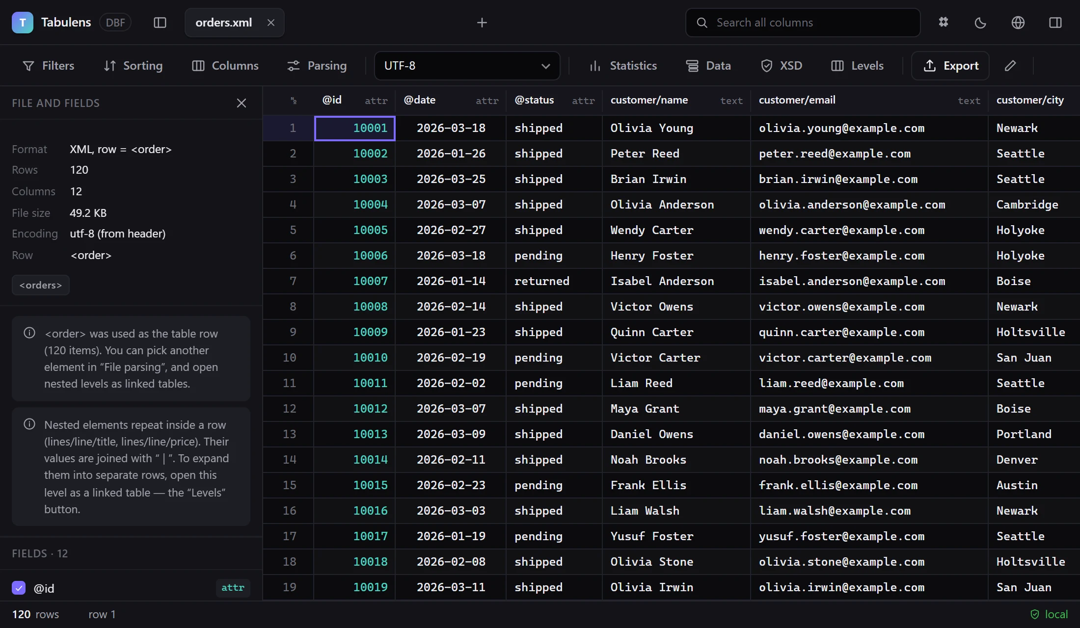 An order export in XML opened as a table: attributes and nested elements become columns