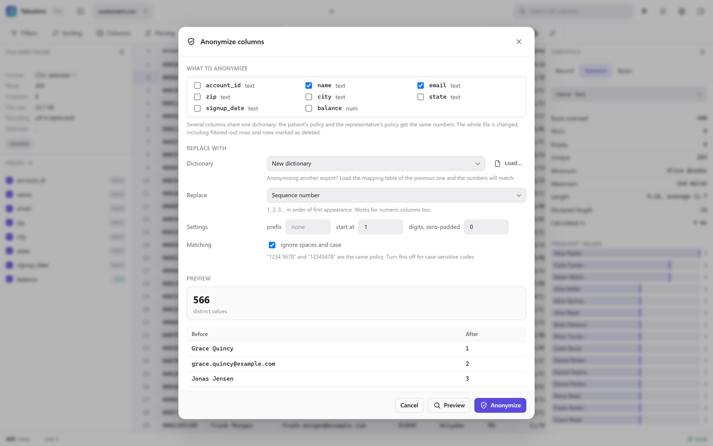 Anonymize columns dialog with a before/after preview
