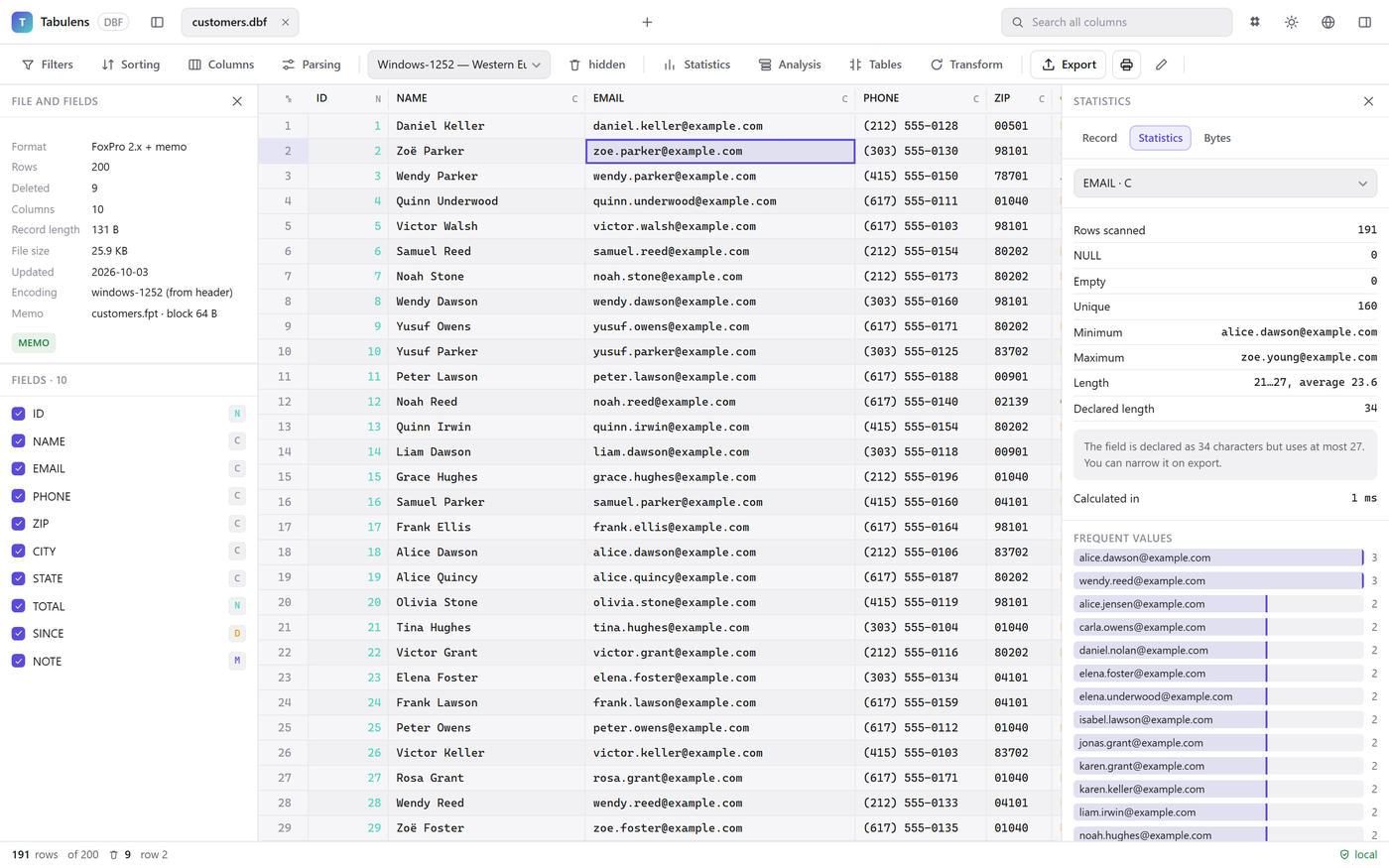 A DBF file open as a table, with file details on the left and column statistics on the right